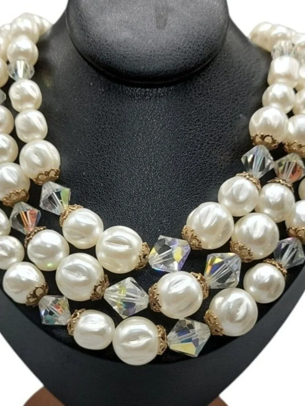 Faux Pearl Choker Multistrand Necklace Aurora Borealis Prism Spacers 16